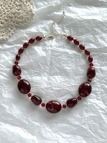 1件 时尚复古奢华酒红色亚克力串珠项链 - 酒紅色 - 查看 3