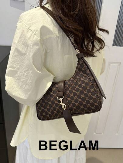 復古柔軟PU皮革拉鍊肩袋，金屬鎖飾，女士時尚腋下袋，通勤休閒手提袋