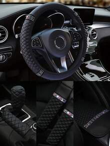 6 قطع/مجموعة طقم داخلي للسيارة - غطاء مقود جلدي مزين بأحجار الراين الملونة، مناسب للتعديل من 14.5 إلى 15 بوصة، يشمل غطاء عصا نقل السرعة، غطاء فرامل اليد، وسادة الكتف، وسادة الذراع، تصميم لامع ولامع، مناسب عالمي، للاستخدام على مدار السنة، أنيق ومريح