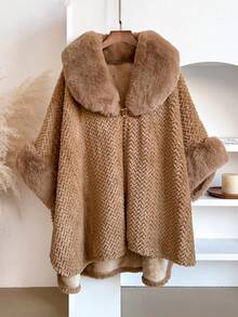 1 قطعة بونشو شال من فرو الأرنب الصناعي ذو ملمس متناسق وأحادي اللون، شال كارديجان سميك دافئ وأنيق للنساء، معطف خارجي ناعم ولطيف للاستخدام اليومي في فصلي الخريف والشتاء