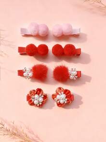 2 szt. noworocznych czerwonych spinek do włosów z pomponami, spinki do włosów z perłowymi kwiatami dla dziewcząt, urocza pluszowa spinka w kształcie kaczuszki, zestaw upominkowy z akcesoriami do włosów, świąteczna dekoracja włosów - Wielokolorowe - Zobacz 1