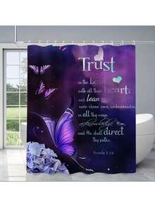 1/4pcs Purple Rose & Butterfly Floral Bathroom Curtain Set, Includes Anti-Slip Bath Mat, U-Shaped Toilet Lid Cover, Bathroom Rug