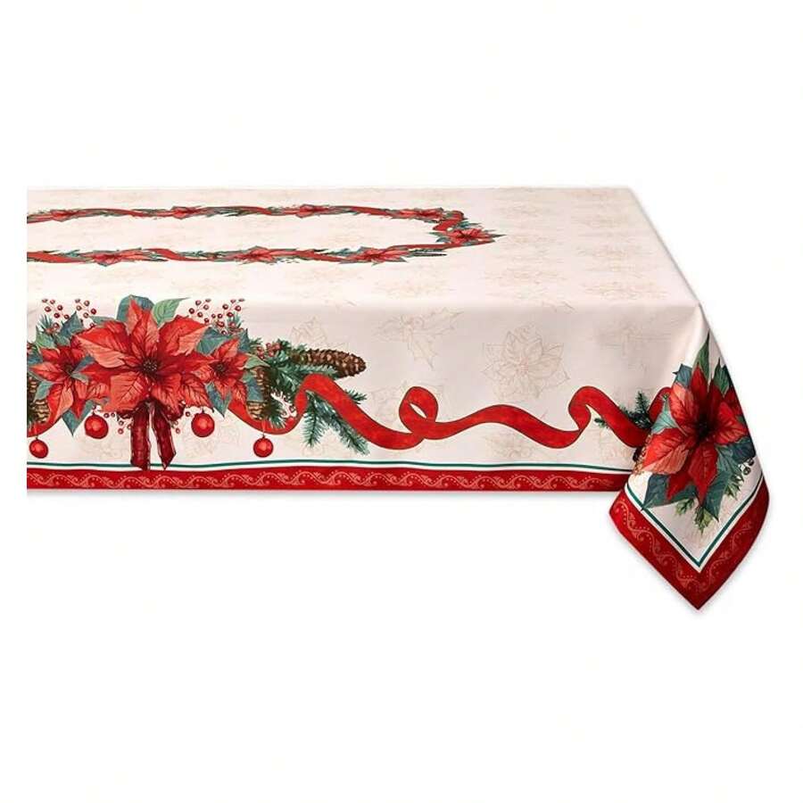 Poinsettia Tablecloth 60x84 - Christmas Fabric Table Cover For Holiday Decor - Xmas Winter Table Linens - Rectangular Tablecloth For 6-8 People - Multicolor 49 - View 1