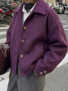 女士时尚休闲法式单排扣短款宽松领羊毛大衣 - 紫色 - 查看 2