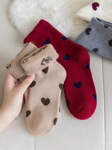 3双加厚保暖爱心图案中筒袜，女士款，柔软舒适，适合秋冬季节，颜色随机。 - 彩色 - 查看 5