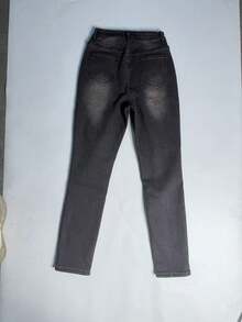 女士保暖内衬修身水洗牛仔裤，适合冬季休闲穿着 - 深灰色 - 查看 7