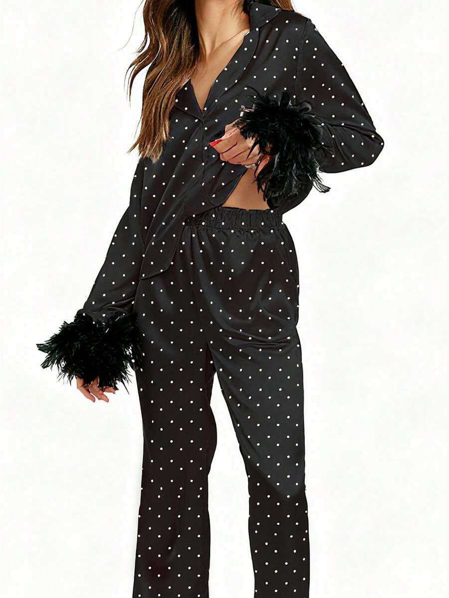 Women 2 Piece Lounge Set Heart Printed Long Sleeve Button Down Shirt And Pants Feather Trim Pajamas Sleepwear Set Women Feather Pajamas Silk Satin Lounge Sets Long Sleeve Button Down Shirts And Pants 2 Piece Pj Set - 黑色波點 - 查看 1