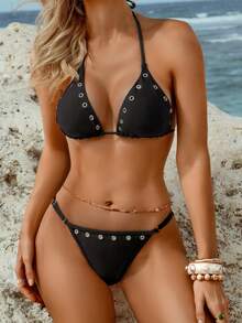 Women's Solid Color Keyhole Halter Backless Beach Vacation Bikini Set Black Summer - Black - View 5