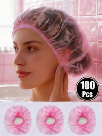 100 Disposable Shower Caps, Transparent Plastic Hair Caps, Shower Caps, Bath Caps, Bathroom Supplies, Affordable Price, Waterproof Elastic Shower Caps, Suitable For Hair Care/Travel/Home Use, A Must-Have For Back To School.