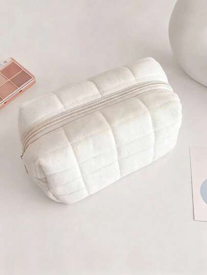 1/4pcs Plush Plaid Cosmetic Bag, Large Zipper Travel Toiletry Pouch, Multifunctional Storage Bag, Suitable For Home Organization, Outdoor Travel, Business Trip (1/4pcs Optional), Also Applicable To Vacation, Beach, Bathroom, Bedroom, Large Capacity