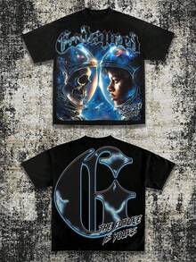 Men's Oversized Crew Neck Short Sleeve T-Shirt, Godspeed Astronaut Skull "The Future Is Yours" Graphic, Sci-Fi Dark Street Style, Soft Breathable Fabric For Daily Casual Outfits, Men's Graphic Tee & Streetwear Apparel - 黑色 - 查看 1