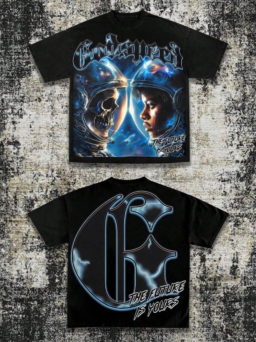 Men's Oversized Crew Neck Short Sleeve T-Shirt, Godspeed Astronaut Skull "The Future Is Yours" Graphic, Sci-Fi Dark Street Style, Soft Breathable Fabric For Daily Casual Outfits, Men's Graphic Tee & Streetwear Apparel - 黑色 - 查看 1