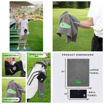 Hole and tee Towel, Large Embroidered Towel with Carabiner Clip, Small Towel Ball Cleaning, Accessories Women, Men, Golfers, Pack of 2