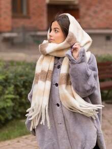 1pc Women's Colorful Plaid Scarf, Warm Neck Warmer, Suitable For Daily Life, Work, Shopping In Autumn/Winter - White and Brown Stripes - View 4