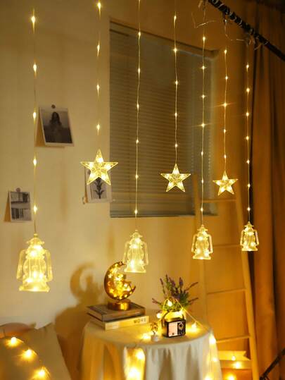 1pc Star & Oil Lamp Decor String Lights, Battery Powered With Flashing Lights, Suitable For Indoor Window, Bedroom Wall, Home Decor, Decoration
