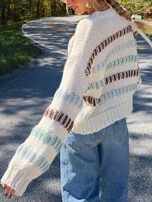 Women's Color-Block Striped Top, Round-Neck Long-Sleeve Sweater, Casual And Fashionable Streetwear, Popular In Autumn And Winter, Fall Office, Women's Outwear Tops, Women's Pullover Shirts,Christmas For Women