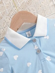 女童翻领爱心印花短袖polo衫连衣裙，夏季 - 淺藍色 - 查看 3