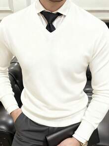 Men's Casual V-Neck Knitted Sweater Long Sleeve Top - White - View 1