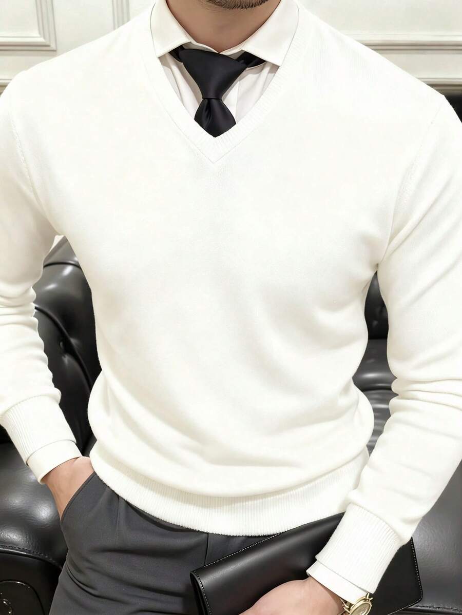 Men's Casual V-Neck Knitted Sweater Long Sleeve Top - White - View 1