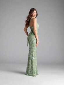 Lexie Floral Sequin Lace-Up Mermaid Dress - Light Green - 查看 6