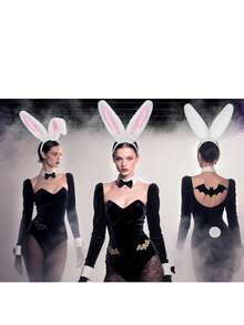 2 pezzi Accessori per costume da coniglio per feste di carnevale - Fascia per capelli con orecchie da coniglio e coda, adatta per donne adulte, set carino e soffice per cosplay, costume di San Valentino - Bianco - Visualizzare 9