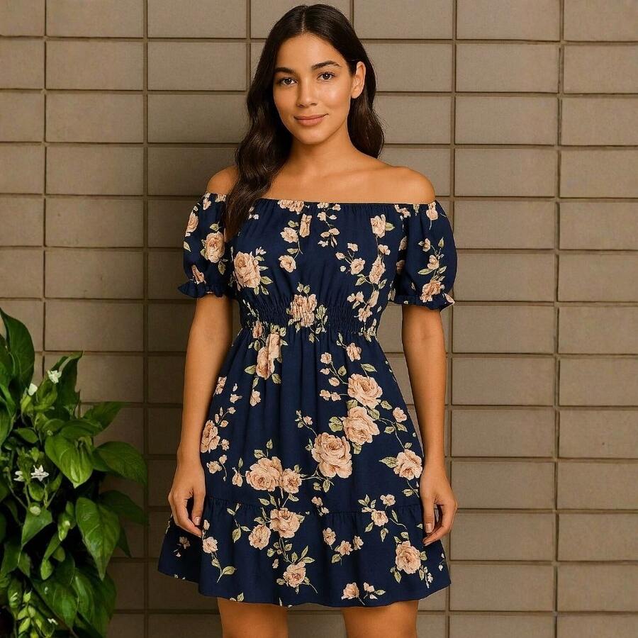 Short Dress Made From Duna Fabric With Short Sleeves. - Navy Blue With Roses - View 1