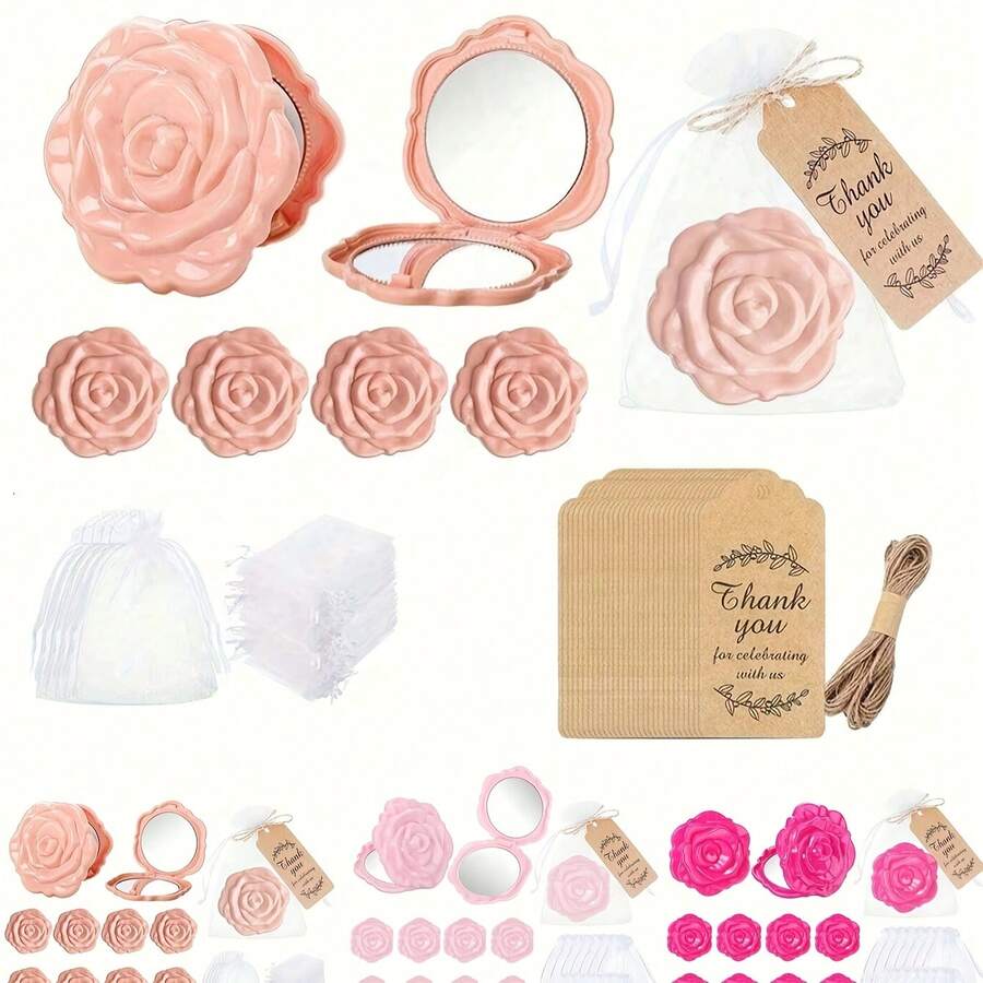 18pcs Rose Flip Mirror Wedding Guest Favor Set, Bridal Party Rose Flip Mirror Set, Includes Rose-Shaped Mirror, Thank-You Card, Organza Bag And Hemp Rope. Suitable For Bridal Party Gifts, Bridesmaid And Groomsman Gifts, Favor Sets, Table Center Decorations, Bachelor/Bachelorette Party Decorations, Home Decor Items - Multicolor - View 1