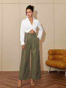 Women's Elegant Solid Color Waist Cinched Straight Leg Dress Pants - Army Green - View 7