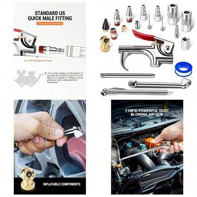 20 Pcs Kit, Compressor Kit With 1/4 Inch NPT Quick Connect Coupler/ Tire Chucks/Tire Gauge/ Nozzles/ Hose Fittings, Pneumatic Tools Compressor Accessories