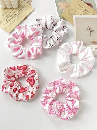 5pcs Heart, Bow & Flower Decor Elastic Hair Ties, Versatile & Elegant, Suitable As Gift For Women And Family ,Scrunchies ,Scrunchy Hair Ties