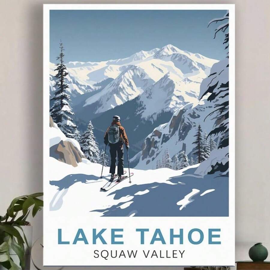 Framed  Lake Tahoe Squaw Valley Vintage Travel Posters Ski  Canvas Painting Poster And Print Wall Art Picture For Living Room  Christmas,New Year For Living Room, Bedroom, Kitchen,Restroom Decoration - Đóng khung - Xem 1