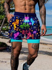 Men's Colorful Print Casual Double-Layer Beach Shorts - Multicolor - View 2