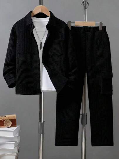 2pcs Boys Corduroy Embossed Cargo Pocket Pants Set, Boys Fashion Letter Embossed Round Neck Long Sleeve Shirt + Pants Set, Casual Comfortable Versatile, Suitable For Autumn/Winter Daily And Outdoor Wear - White