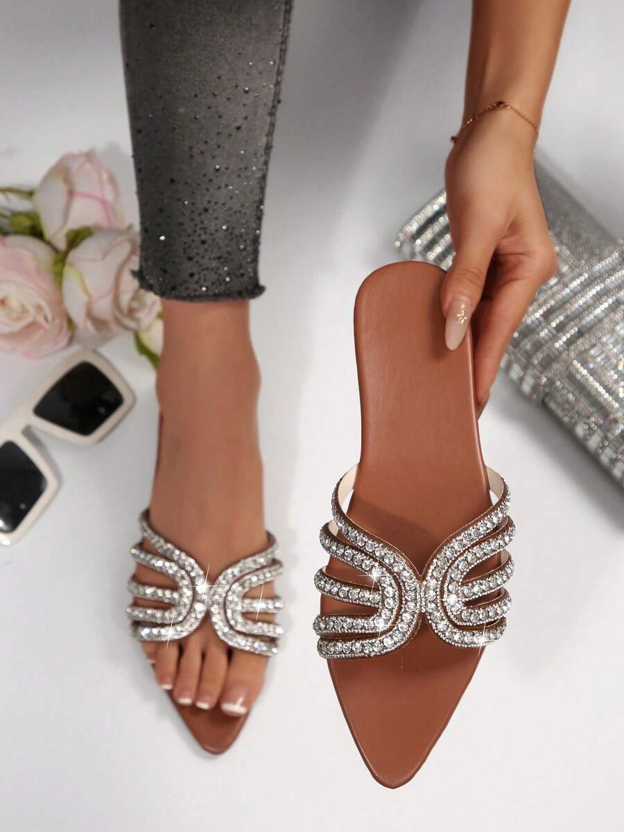 Summer New Pointed Toe Minimalist Lightweight Open Toe Slip-On Glass Rhinestone Casual Fashion Women Beach Sandals - Brown - View 1