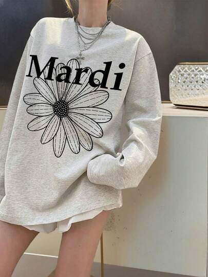 レディース キュート コットン ラウンドネック 長袖 レギュラーフィット Tシャツ デイジープリント 軽めのストレッチ素材で普段使いに最適