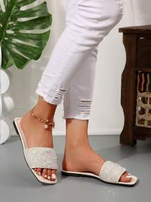 Women's Strap Rhinestone Sandals, Casual Versatile Outdoor Plastic Flat Slippers - White - View 4