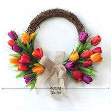 Artificial Tulip Wreath For Front Door Bow Faux Flower Hanging Decorations For Home Holiday Party - Hồng - Xem 3