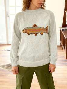 Women Fall Fish Sweater Round Neck Long Sleeve Graphic Print Jumper Casual Solid Color Basic Knit Pullover Tops Loose Knitwear - 灰色 - 查看 4