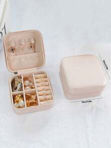 1个迷你首饰收纳盒展示架，旅行首饰拉链盒，适用于耳环、项链、戒指，便携式皮革首饰盒化妆包，化妆袋，洗漱包，旅行必备，邮轮必备，度假必备，男女通用旅行收纳盒，节日必备，女士礼物 - 粉色 - 查看 3