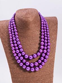 1件复古简约紫色仿珍珠多层项链，夸张时尚优雅的颈链，适合正式场合和派对。 - 紫色 - 查看 1