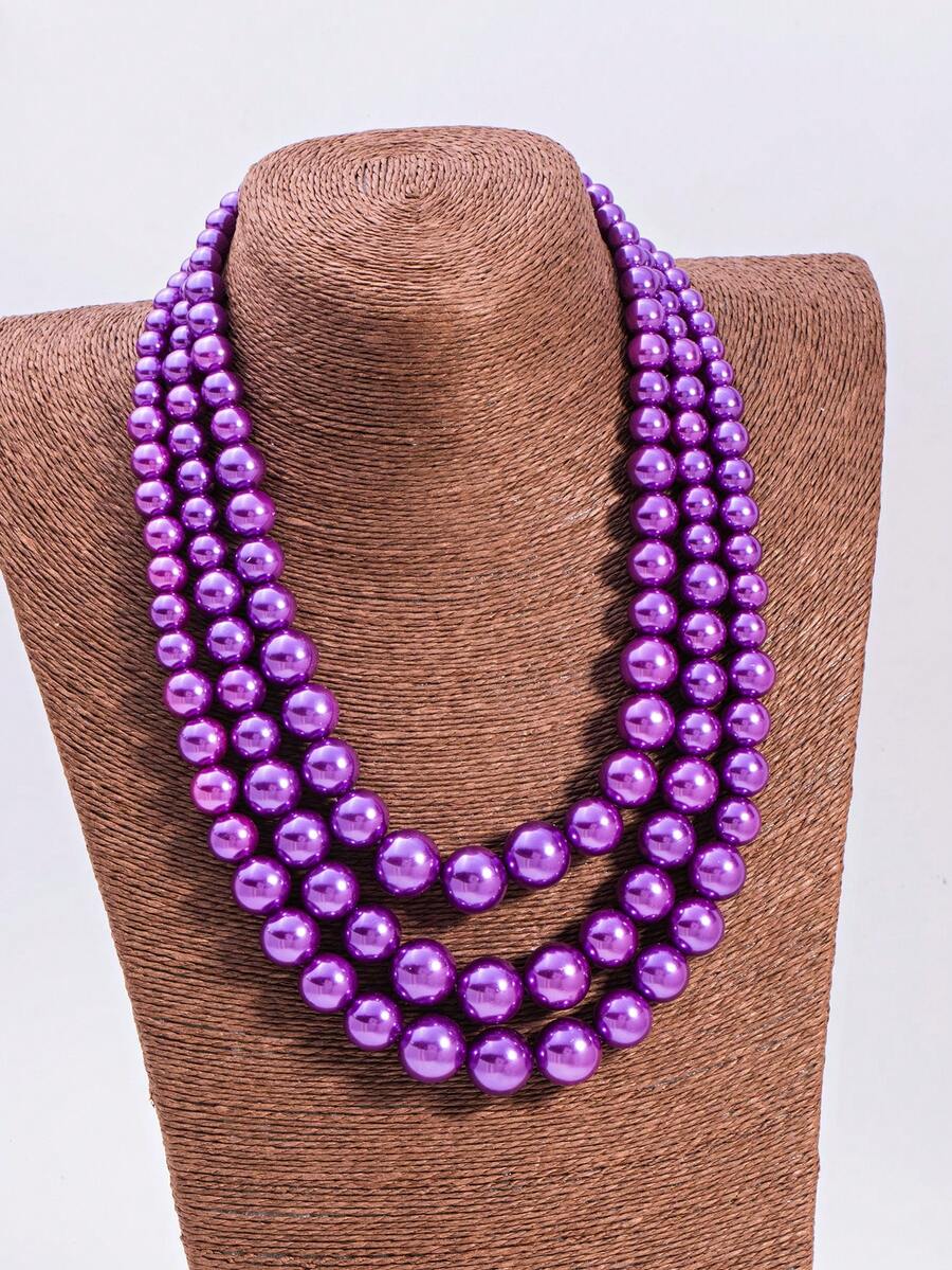 1件复古简约紫色仿珍珠多层项链，夸张时尚优雅的颈链，适合正式场合和派对。 - 紫色 - 查看 1