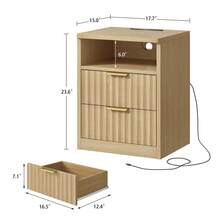 Juego de 2 mesitas de noche acanaladas, mesita de noche con estación de carga y luz LED, 1 cajón de almacenamiento y estante abierto, mesa de noche moderna para espacios pequeños, para dormitorio, sala de estar, natural - Camel - Ver 4