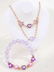 2件套心形星形吊坠项链和串珠手链首饰套装，送给女孩的礼物 - 均碼 - 查看 1