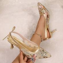 Women's Sequin Embellished Transparent Mesh Pointed Toe High Heel Shoes, Backless Design, Suitable For Party Dresses - Champagne - View 5