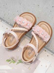 1双女童凉鞋，儿童花卉时尚公主鞋，夏季新款女童沙滩鞋，大童拖鞋 - 粉色 - 查看 5