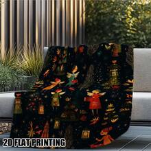 1 Piece Retro Christmas Angel And Lantern Printed Flannel Throw Blanket - Soft And Comfortable All-Season Bedspread, Dark Green Red Brown Beige Festive Colors, Angel And Star Pattern, Suitable For Sofa Bed Travel, Used For European Style Bedspread - 花色 - 查看 9