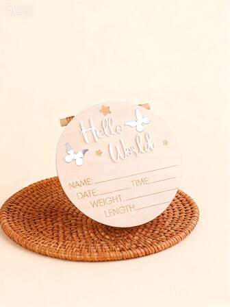 新生儿出生公告牌，Hello Word 镜面蝴蝶结设计木质婴儿姓名牌，婴儿纪念品，男孩/女孩婴儿拍照道具