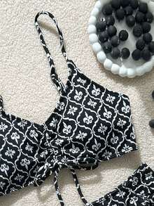 波西米亚印花搭扣扭结露背度假沙滩时尚比基尼套装 黑色 - 黑色 - 查看 4