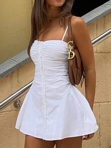 女士白色褶皱迷你连衣裙 | 吊带心形领口前扣荷叶边下摆夏季派对连衣裙 - 白色 - 查看 8