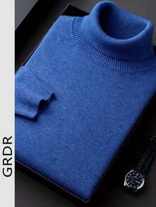 GRDR Men's Regular Shoulder Long Sleeve High Neck Sweater, Versatile For Daily Wear Knitted Pullover - Royal Blue - View 2